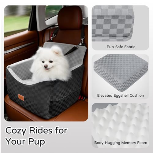 Dog Car Seats for Small Medium Dogs Up to 35lbs | Elevated Dog Booster Seat with Detachable Washable Cover & Cushion | Memory Foam Pet Car Travel Seat with Safety Belt and Storage Pockets (Black Grey)