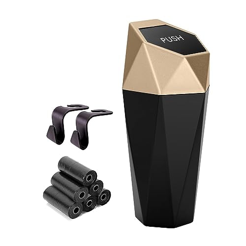 Ginsco Car Trash Can Cup Holder, Mini Car Trash Can with Lid, Car Accessories for Interior, Leakproof Small Trash Cup for Car, Home with Additional 2 ABS Hooks and 90pcs Trash Bags Golden - color: Golden, size: 600ml