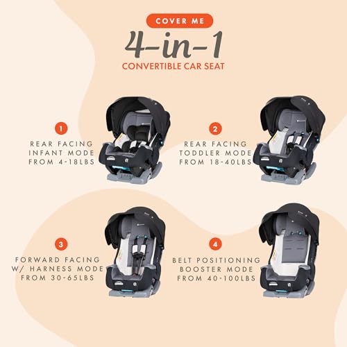 Baby Trend Cover Me 4-in-1 Infant Toddler Convertible Car Seat with Adjustable/Removable Canopy for Sun Protection & 2 Cup Holders, Black - color: Black
