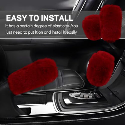 Hovom 2PCS Fluffy Car Gear Shift Knob Cover & Handbrake Cover, Soft Plush Hand Brake Handle & Gear Shift Cover for Women Girls, Universal Comfortable Warm Furry Car Accessories (Wine Red)