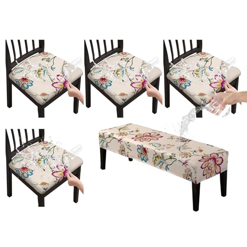 KRFOONN Waterproof Seat Covers for Dining Room Chairs Set of 4 with Bench Cover Washable Dining Chair Covers Removable Kitchen Chair Cushion Slipcovers Protector, A8 - color: Color A8