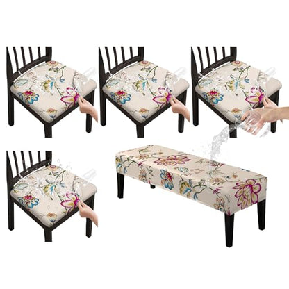 KRFOONN Waterproof Seat Covers for Dining Room Chairs Set of 4 with Bench Cover Washable Dining Chair Covers Removable Kitchen Chair Cushion Slipcovers Protector, A8 - color: Color A8