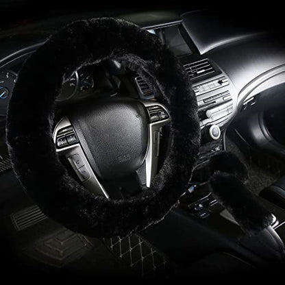 Warm Steering Wheel Cover with Handbrake Cover & Gear Shift Cover, Soft Fazzy Steering Wheel Wrap Faux Wool Fluffy for Winter 3 Pcs1 Set Fit Most of Car(Black) - color: black