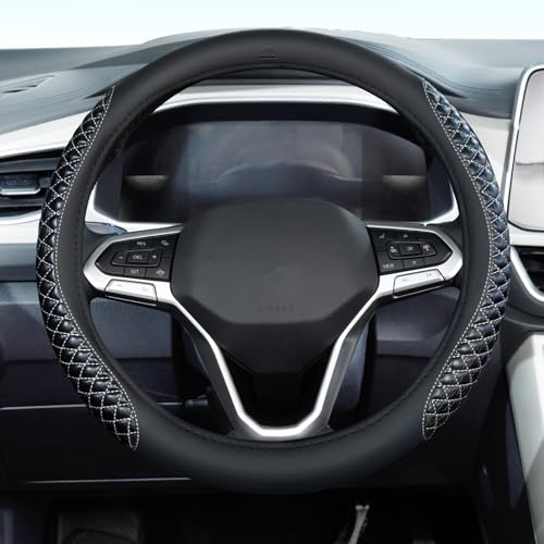 Coverado Car Steering Wheel Cover, Nappa Leather Black & Grayline Steering Wheel Covers, Universal 14-15 inch, Anti-Slip, Breathable Steering Wheel Protector for Women Men - color: C-Greyline
