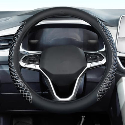 Coverado Car Steering Wheel Cover, Nappa Leather Black & Grayline Steering Wheel Covers, Universal 14-15 inch, Anti-Slip, Breathable Steering Wheel Protector for Women Men - color: C-Greyline
