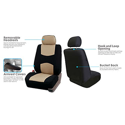 FH Group Flat Cloth Seat Covers Front Seat and Solid Rear Bench Full Set with Gift - Universal Fit for Cars, Trucks & SUVs (Beige/Black) - color: Beige