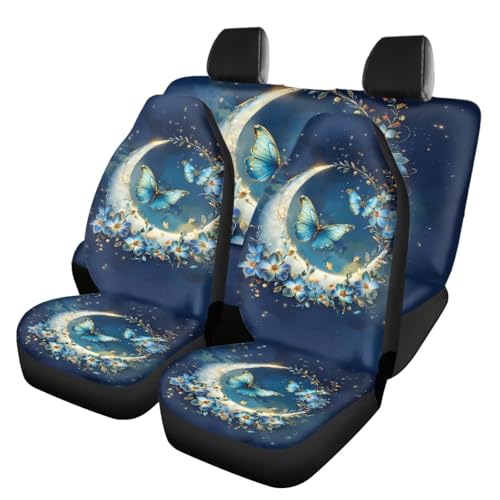 Moon Butterfly Car Seat Cover Set for 4 Pcs Women Cute Stretchy Split Bench Seat Covers Butterflies Car Interior Accessories Set Universal Vehicle Bucket Seat Pad Full Set - color: Butterfly and Moon
