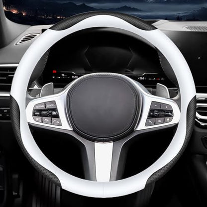 Carodi Leather Car Steering Wheel Cover, Elegant, Fashionable, Comfortable, Non-Slip, Breathable, Universal 15 inch, Black and White - color: black and white