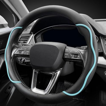 Nappa Leather Steering Wheel Cover. Stylish Striped Design, Universal fit for 14.5–15-inch Steering Wheels, Slip-Resistant and Breathable, Protects the Steering Wheel.Black and Blue - color: Black and Blue