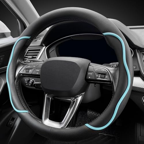 Nappa Leather Steering Wheel Cover. Stylish Striped Design, Universal fit for 14.5–15-inch Steering Wheels, Slip-Resistant and Breathable, Protects the Steering Wheel.Black and Blue - color: Black and Blue