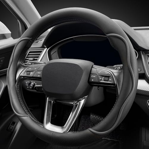 Nappa Leather Steering Wheel Cover. Stylish Striped Design, Universal fit for 14.5–15-inch Steering Wheels, Slip-Resistant and Breathable, Protects the Steering Wheel. Black - color: Black