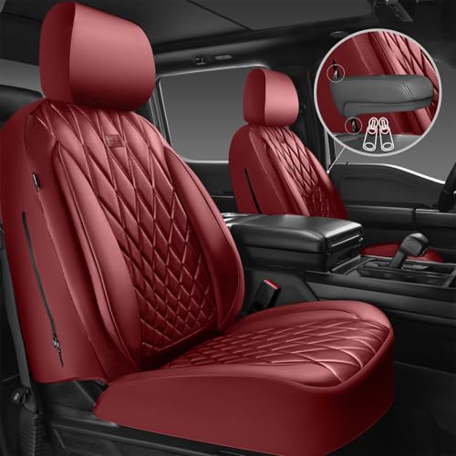 CAR PASS Piping Luxury Faux PU Leather Two Front Car Seat Covers, Waterproof Anti Slip Premium Automotive Seat Covers,Universal Fit for Suvs,Vans,Trucks, Armrest Airbag Compatible, Burgundy Red - color: All Red Burgundy, size: Two Front