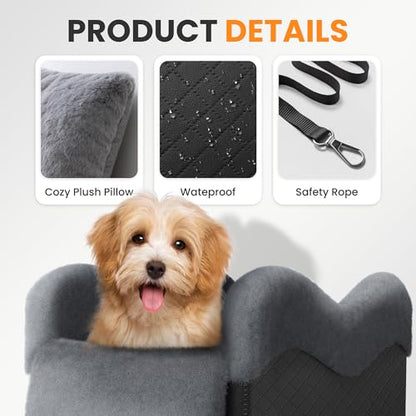 Portable Small Dog Seat for Car, Luxury Center Console Dog Car Seat Booster with Safety Tethers, Anti-Collapse Pet Travel Carseat for SUV, Truck (Black/Grey)