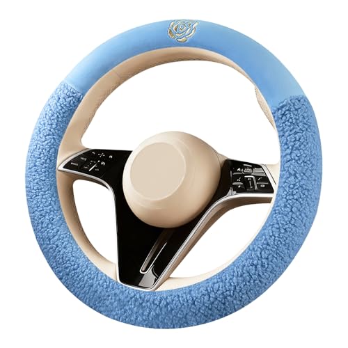 Blue Camellia Lambswool Steering Wheel Cover, for Universal Auto Steering Wheel 14.5-15 in, Lambswool Fabric, Anti-Slip, Soft Plush, Comforting and Luxurious, Embroidery Patterns, Soft Texture