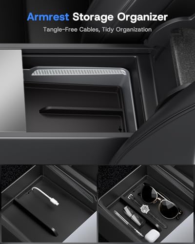 Center Console Organizer Tray for Tesla Model Y Juniper 2025 2026 (Premium & Performance) & Model 3 Highland, PC Material & Silent Silicone Armrest Storage Box Wireless Charging Pad Cup Holder - size: Model Y Juniper & Model 3 Highland