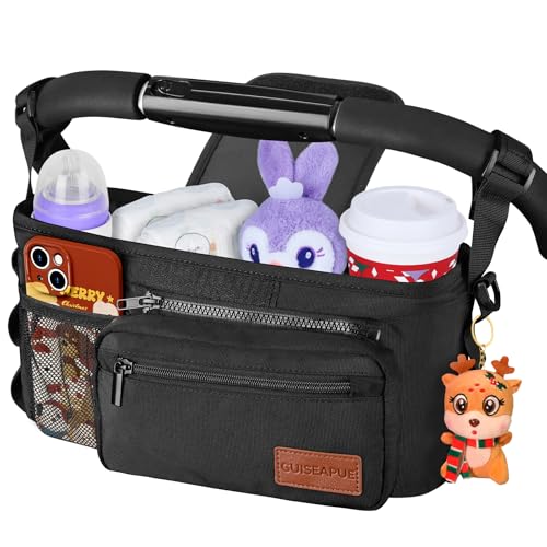 Guiseapue Universal Stroller Organizer with Cup Holder: Baby Essentials, Stroller Caddy Accessories with Detachable Phone Bag, Non-Slip Straps, Fits for Uppababy, Baby Jogger, New Moms Baby Gifts - color: Black, size: Single Stroller