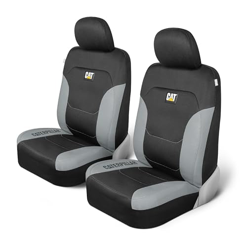 Caterpillar Flexfit Automotive Seat Covers for Cars Trucks and SUVs (Set of 2) – Black Seat Covers for Front Seats, Seat Protectors with Gray Honeycomb Trim, Auto Interior Covers - color: Front Seats Gray