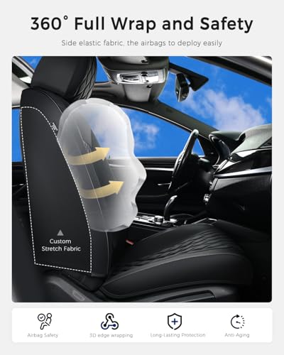 Huidasource Front Seat Covers, Car Seat Covers Front Seats Nappa Leather, Side Elastic Fabric, Compatible with Airbags, Seat Belts, Universal Fit for Most Cars, Vans, Trucks, SUV (Front Pair/Black)