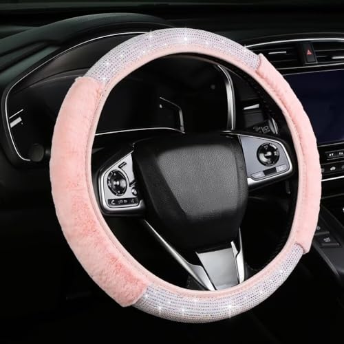 Bling Fluffy Steering Wheel Cover for Women Girls, Rhinestone Diamond Sparkling Fur Steering Wheel Protector Elastic Steering Wheel Covers Winter Warm Universal Fit 14-15 inches - Pink - color: Pink