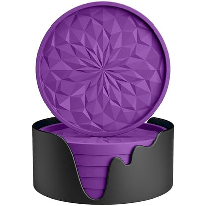 Silicone Coasters with Holder,[6 Pack] Drinking Coasters - Cup Mat for Hot or Cold Drinks, Thickened, Non-Slip, Non-Stick,Deep Tray Dark Purple - color: Dark Purple