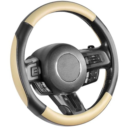 SEG Direct Car Steering Wheel Cover for Medium Standard Size Steering Wheels with 14 1/2-15 inches Outer Diameter, Black and Beige Microfiber Leather - color: 03-Beige, size: Standard size[14 1/2''-15'']
