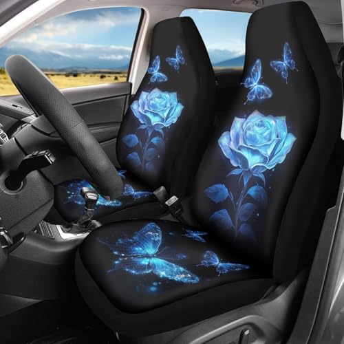 Howilath Blue Rose Flower Car Front Seat Cover 2 Pack Butterfly Auto Protector Bucket Seat Covers High Back Auto Accessories Fit Most Vehicle - color: Blue Rose Butterfly