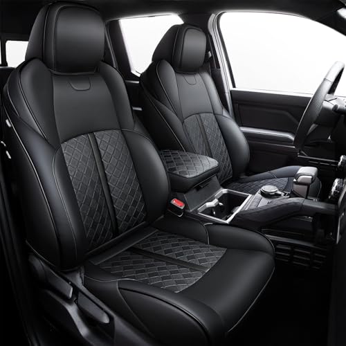 Carlimeki Leather Seat Covers Custom Fit for Tacoma Gen 4th (2024-2026) Double Cab, for SR, SR5, TRD PreRunner, TRD Sport, TRD Off-Road, Limited, Trailhunter - Armrest Covers Included - Fully Covered - color: 2024-2026 ( Black-Black ) & Full Set, size: 4t