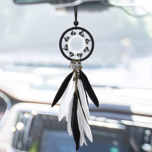 Dream Catcher Car Interior Rearview Mirror Hanging Decor Handmade Grids Nature Feather Small Boho Car Charms Pendant Accessories (Black and White) - color: White and Black