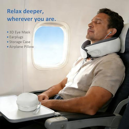 Neck Pain Travel Pillow with 360° Full Support for Rest, Compact Neck Airplane Pillow for Car, Office, Long Flight Kit with Contoured 3D Eye Mask, Earplugs & Portable Storage Box