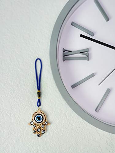 LUCKBOOSTIUM Hamsa Hand Amulet Pendant with Blue, White & Black Crystal Rhinestones & Evil Eye - Car Hanging Ornament, Rearview Mirror Accessories, Evil Eye Protection, Bag Charm, Gold Tassel - color: Gold Finish & Matching Tassel