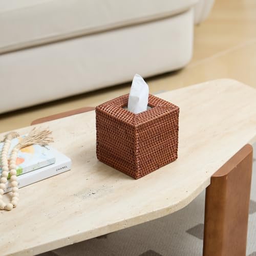 Square Rattan Tissue Box Cover, Hand Woven Wicker Tissue Holder, 5.5 x 5.5 X 5.7 inches, Honey Brown - color: Honey Brown, size: Square (5.7"H)
