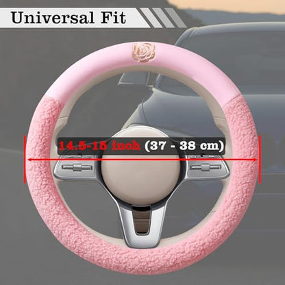 Pink Camellia Lambswool Steering Wheel Cover, for Universal Auto Steering Wheel 14.5-15 in, Lambswool Fabric, Anti-Slip, Soft Plush, Comforting and Luxurious, Embroidery Patterns, Soft Texture - color: Pink