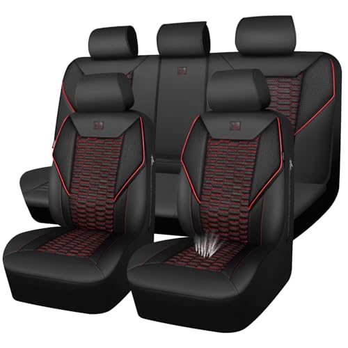 CAR PASS 3D Foam Mesh Leather Car Seat Covers Full Set,Breathable Mesh Faux Leather Seat Covers for Car,Universal Fit for SUV Truck Sedan Automotive, Armrest Airbag Compatible,Black and Red - color: Black Red Mesh, size: Full Set