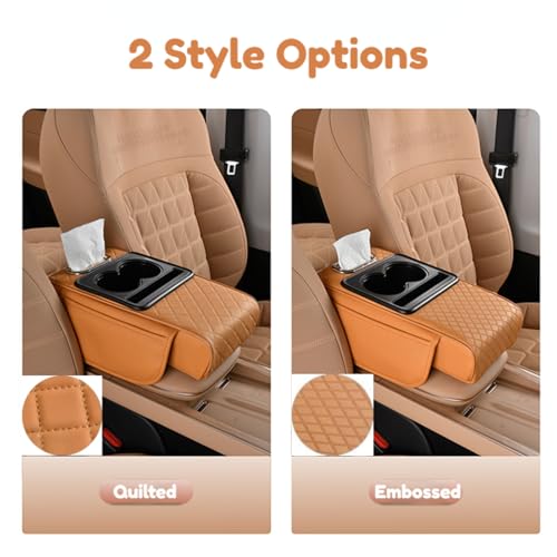 Car Center Console Pad Leather Armrest Pad w/Cup Holder, Tissue Box Slot, Side Bag, Phone Slot for Car Sedans (Quilted, Black-Red) - color: Black-Red, style: Quilted