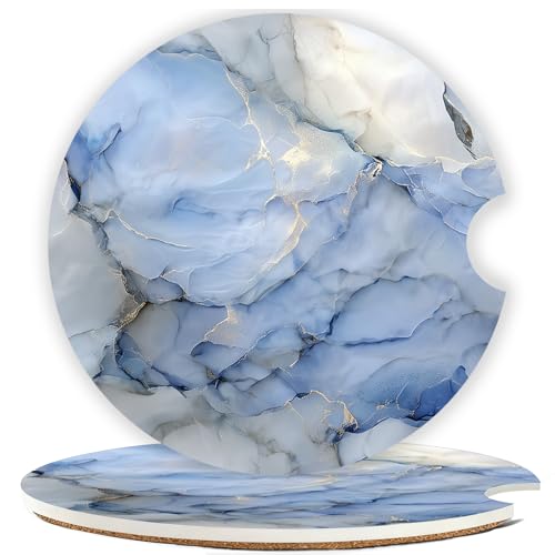 Car Cup Holder Coaster Set Of 2, 2.56 In Ceramic Coasters, Scratch-Resistant Cork Backing, Finger Groove Design For Easy Placement, Cute Car Accessories Interior For Women (Light Blue Marble) - color: Light Blue Marble