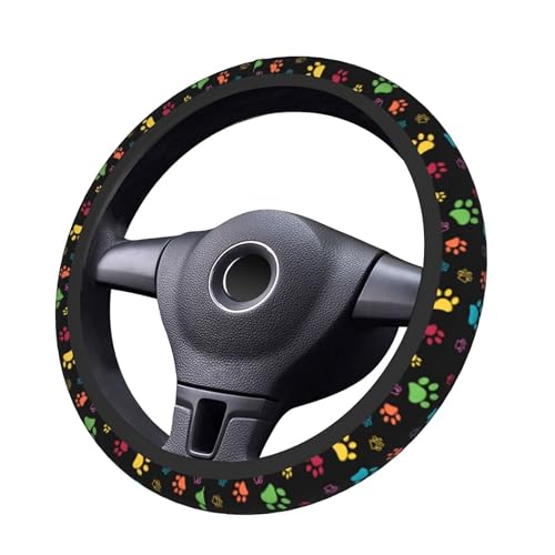 Dog Paw Print Steering Wheel Covers Universal 15 inch Non Slip Neoprene Steering Wheel Protector Cover for Men Women Car Truck - color: Black15
