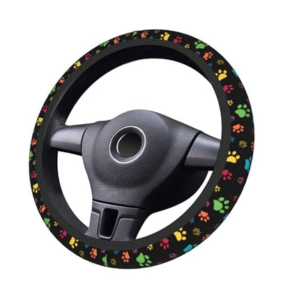 Dog Paw Print Steering Wheel Covers Universal 15 inch Non Slip Neoprene Steering Wheel Protector Cover for Men Women Car Truck - color: Black15