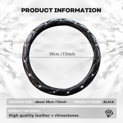 Cute Sparkly Black Car Steering Wheel Cover, Soft Breathable Anti-Slip PU Leather Steering Wheels Covers with Diamond Bling Rhinestone,Universal Protector Cars Accessories - color: Black