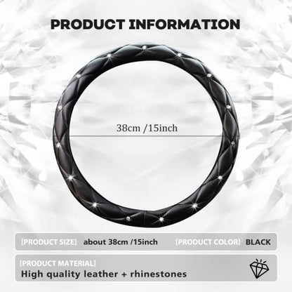 Cute Sparkly Black Car Steering Wheel Cover, Soft Breathable Anti-Slip PU Leather Steering Wheels Covers with Diamond Bling Rhinestone,Universal Protector Cars Accessories - color: Black
