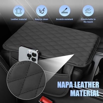 Arm Rest Cover for Car, Leather Padding Center Console Cover with 2 Storage Bags, Reduces Elbow Pressure Vehicle Armrest Protector, Thick Armrest Cushion for Car, SUV, Sedan, Truck, Black