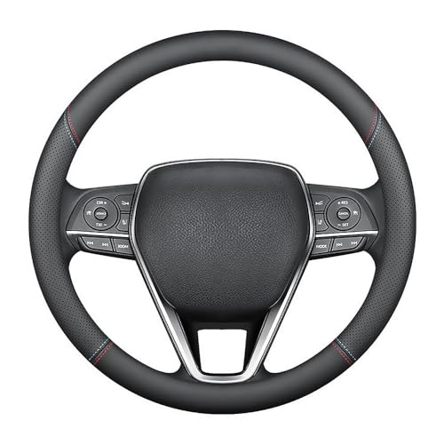 LKWLIKEI Nappa Premium Leather car Steering Wheel Cover, Non-Slip, Breathable, Universal 15 inches (red Blue line) - color: Black (red blue line)
