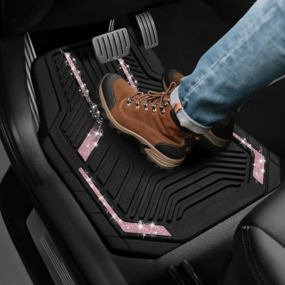 PIC AUTO Car Floor Mats, Pink Sparkly Crystal Bling Glitter Car Mats Set, Front and Rear Heavy Duty Rubber Car Mats with Anti-Slip Backing, All Weather, Trim-to-Fit for SUVs, Trucks, Sedan, Vans - color: Pink Glitter