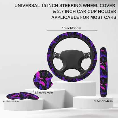 Purple Bat on Starry Sky Steering Wheel Cover with 2 Pcs Car Coasters Neoprene Steering Wheel Cover for Women Men Anti-Slip Breathable Car Accessories Universal 15 Inch Fit Auto Cars Trucks - color: Purple Bat on Starry Sky