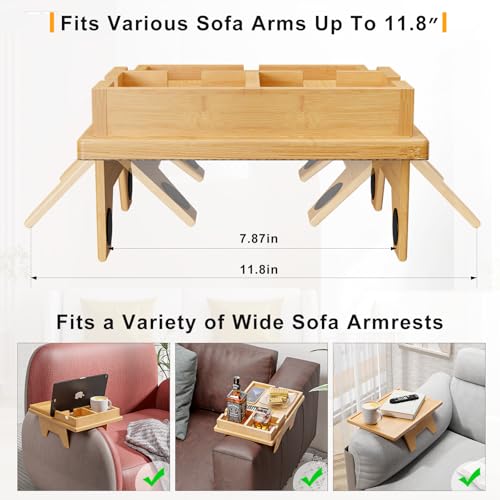 Bamboo Couch Cup Holder Tray - 2 in 1 Couch Armrest Table with Be Slide-Away Detachable Double Holder - Sofa Armchair Caddy for Drinking Snacks iPad TV Remote - color: Bamboo, size: 13.8" x 9.5" x 2.4"