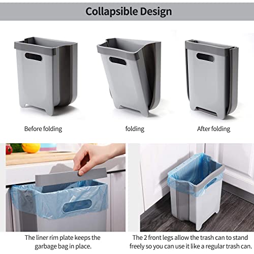 Hanging Collapsible Trash Can - 9L Wall Mounted Foldable Waste Bin for Kitchen Cabinet Door - Quickly Clean Counter, Sink, Bathroom - RV, Car, Camping Folding Garbage Basket (Gray) - color: Gray