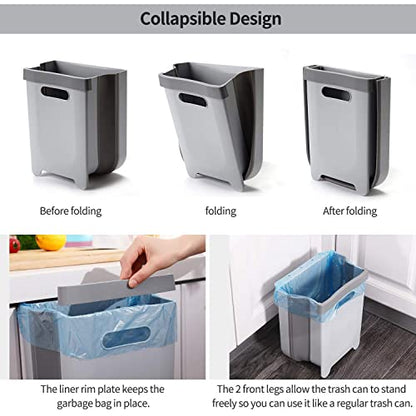 Hanging Collapsible Trash Can - 9L Wall Mounted Foldable Waste Bin for Kitchen Cabinet Door - Quickly Clean Counter, Sink, Bathroom - RV, Car, Camping Folding Garbage Basket (Gray) - color: Gray