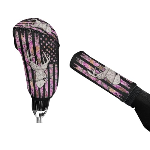 Deer Car Handbrake Cover American Flag Gear Shift Knob Cover Pink Camo Hunting Universal Automobile Accessories Set for Men Women - color: Deer American Flag Pink Camo