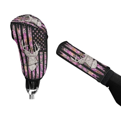 Deer Car Handbrake Cover American Flag Gear Shift Knob Cover Pink Camo Hunting Universal Automobile Accessories Set for Men Women - color: Deer American Flag Pink Camo