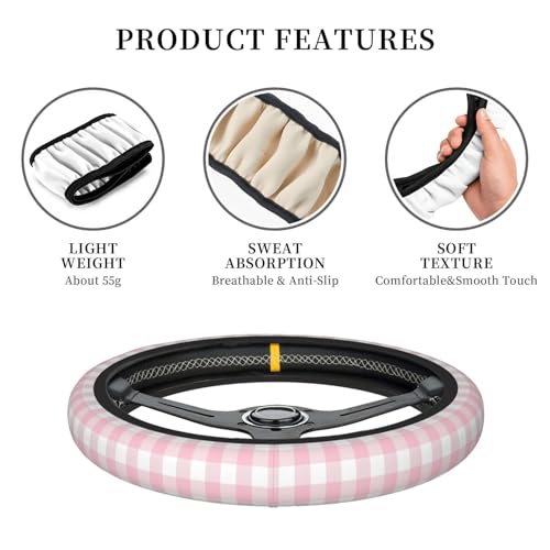 Thickened Elastic Steering Wheel Cover, Girly Pastel Pink Gingham Plaid Ultra, Soft, Breathable, Fit for Cars, SUVs, Trucks, Stylish Comfortable Grip - color: Girly Pastel Pink Gingham Plaid
