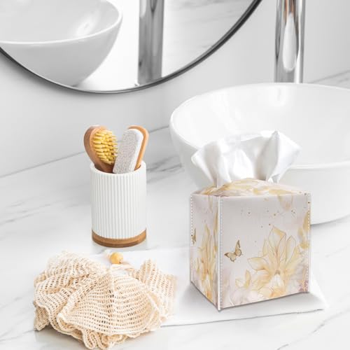 Tissue Box Cover Holder - Golden Flower and Butterfly PU Leather Tissue Box Cover with Bottom Belt, Square Facial Paper Organizer for Tabletop, Bathroom, Kitchen, Car & Office -042 - color: Golden Flower